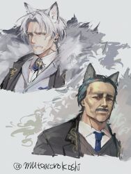  2boys alberto_saluzzo_(arknights) animal_ears arknights bernardo_bellone_(arknights) black_jacket blue_hair blue_necktie cropped_arms facial_hair fur_trim goatee highres jacket male_focus mature_male middle_part multiple_boys mustache mutomorokoshi necktie serious sketch white_fur white_hair wolf_boy wolf_ears 
