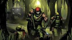  3others absurdres armor assault_rifle bandolier belt beret camouflage cape commentary count_grimhart dual_wielding english_commentary exosuit_(helldivers) finger_to_head grass greaves green_background green_sun gun hat helldiver_(helldivers) helldivers_(series) helmet highres holding holding_gun holding_knife holding_weapon jungle knife mask mecha multiple_others muscular nature rifle robot skull skull_mask squatting sun tally tree weapon wetland 
