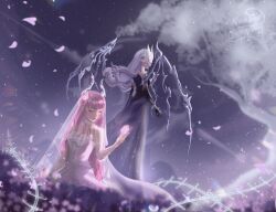  2girls artist_name back-to-back bare_shoulders black_dress black_gloves chest_jewel choker closed_eyes closed_mouth commentary detached_sleeves dragon_horns dragon_wings dress elbow_gloves english_commentary expressionless eyelashes eyeshadow field floral_rebirth_(infinity_nikki) flower flower_field gem gloves gown grey_dress grey_wings guide_of_no_return_(infinity_nikki) hair_flowing_over highres holding holding_flower horns horns_through_headwear infinity_nikki kana_ying kneeling lace lace_choker lace_sleeves light_particles long_dress long_hair makeup mask mountainous_horizon multiple_girls night nikki_(series) outdoors petals pink_dress pink_eyeshadow pink_flower pink_gem pink_hair see-through_clothes see-through_veil skeletal_wings standing strapless strapless_dress tight_clothes tight_dress tree two-tone_dress under_tree veil very_long_hair watermark wavy_hair white_choker white_hair white_horns white_mask white_sleeves white_veil wings 