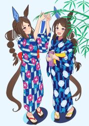  2girls :d admire_vega's_twin_sister_(umamusume) admire_vega_(umamusume) agepan._(pangcha3324) alternate_costume animal_ears bamboo blue_kimono brown_hair closed_mouth commentary_request ear_covers floral_print floral_print_kimono full_body hair_ribbon highres holding holding_tanzaku horse_ears horse_girl horse_tail japanese_clothes kimono long_hair long_sleeves multiple_girls obi open_mouth print_kimono red_sash ribbon sandals sash shirt siblings single_ear_cover sisters smile standing tail tanabata tanzaku twins umamusume underwear violet_eyes white_ribbon white_shirt yellow_sash zouri 