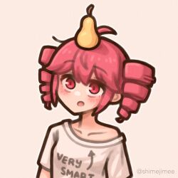  1girl ahoge commentary drill_hair english_text food food_on_head fruit fruit_on_head hair_between_eyes highres kasane_teto object_on_head open_mouth pear red_eyes red_hair shimejimee shirt simple_background single_bare_shoulder solo synthesizer_v twin_drills twitter_username utau 