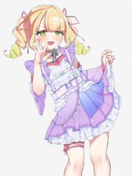  1girl absurdres blonde_hair blush chain commentary dress drill_hair fuzuki_miki fuzuki_miki_(3rd_costume) gradient_hair green_eyes green_hair green_streaks hair_ribbon highres indie_virtual_youtuber jahe_png leg_ribbon looking_at_viewer medium_hair multicolored_hair open_mouth purple_dress ribbon solo standing streaked_hair thigh_ribbon twin_drills virtual_youtuber white_background 