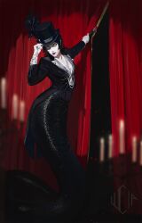  1girl 6+others artist_logo black_hair black_jacket black_scales bob_cut coattails cuff_links cummerbund curtains english_commentary gloves hat hat_feather hat_tip highres holding holding_wand jacket lamia lipstick logo looking_at_viewer lucia_hsiang magician makeup monster_girl multiple_others original pale_skin partially_shaded_face red_eyes sequins shirt short_hair snake_tail stage stage_curtains tail tailcoat top_hat tuxedo_jacket wand white_gloves white_shirt yellow_eyes 