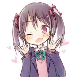  1girl \m/ amakaze_sora blue_jacket bow brown_hair collared_shirt diagonal-striped_bow double_\m/ green_bow hair_bow hands_up heart jacket long_sleeves love_live! love_live!_school_idol_project lowres open_clothes open_jacket pink_sweater red_bow school_uniform shirt simple_background sleeves_past_wrists solo striped_bow sweater twintails upper_body white_background white_shirt yazawa_nico 