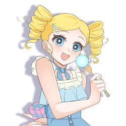  1girl blonde_hair blue_dress blue_eyes blush commentary dress drill_hair fork gift goutokuji_miyako highres holding holding_fork holding_gift open_mouth powerpuff_girls_z rolling_bubbles shadow simple_background smile snt_0828 solo twin_drills untranslatable_commentary upper_body white_background 