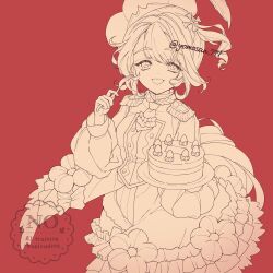  1girl cake commentary_request dress flower_ornament food fork frilled_dress frilled_skirt frilled_thighhighs frills hat hat_feather highres holding holding_fork holding_plate looking_at_viewer magical_girl mahou_shoujo_ikusei_keikaku mahou_shoujo_ikusei_keikaku_restart open_mouth pechika_(mahoiku) plate puffy_sleeves red_background short_hair skirt smile thigh-highs yomo_gigyoza 