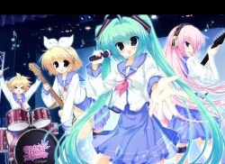  >_< 1boy 2000s_(style) 3girls :d adapted_costume ahoge angel_beats! aqua_eyes aqua_hair arms_up bass_guitar blonde_hair blue_eyes blue_hair blue_sailor_collar blue_skirt blush_stickers bow commentary cowboy_shot double-parted_bangs drum drum_set drumsticks english_commentary faux_retro_artstyle girls_dead_monster green_eyes guitar hair_between_eyes hair_intakes hair_ornament hairband hairclip hand_up hatsune_miku headphones high-waist_skirt highres holding holding_bass_guitar holding_drumsticks holding_guitar holding_instrument holding_microphone instrument jelly_(bonnybel) kagamine_len kagamine_rin leaning_forward long_hair long_sleeves looking_at_viewer megurine_luka messy_hair microphone multiple_girls musical_note neckerchief parallel_hairclips pink_hair pink_neckerchief pleated_skirt reaching reaching_towards_viewer sailor_collar sailor_shirt school_uniform serafuku shinda_sekai_sensen_uniform shirt short_hair skirt smile spoken_musical_note stage stage_lights thigh_strap twintails vocaloid white_bow white_hairband white_shirt 