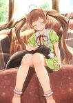  1girl absurdres ahoge animal brown_hair closed_eyes commentary_request couch dog dress green_dress hair_ribbon hakozaki_serika highres idolmaster idolmaster_million_live! lap_pillow long_hair pillow puffy_short_sleeves puffy_sleeves ribbon shiraha_(shiraha_0129) short_dress short_sleeves sitting sleeping sunlight twintails very_long_hair window 