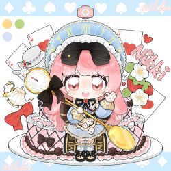  1girl 24-hour_relay ace_(playing_card) ace_of_hearts alice's_adventures_in_wonderland alice's_teaspoon_(shining_nikki) alice_(alice_in_wonderland) alice_(alice_in_wonderland)_(cosplay) apron argyle_clothes argyle_socks back_bow birthday_cake black_bow black_ribbon black_shoes blue_bonnet blue_border blue_dress blue_socks bonnet border bow brooch brown_eyes cake card character_name chibi chinese_commentary clock clothes_writing club_(shape) commentary_request cosplay diamond_(shape) dress eyelashes flower food footwear_ribbon frilled_apron frilled_dress frilled_headwear frilled_sleeves frilled_socks frills gem hair_bow happy heart heart_brooch highres holding holding_spoon infinity_nikki jewelry kneehighs lace-trimmed_headwear lace-trimmed_sleeves lace_trim large_bow letterboxed light_blush lolita_fashion long_hair long_sleeves looking_at_viewer loose_hair_strand mengchen_ruyueseli neck_ribbon nikki_(nikki) nikki_(series) ok_sign on_plate open_mouth outside_border oversized_object pink_hair playing_card puffy_long_sleeves puffy_sleeves rabbit red_bow red_gem ribbon saucer shining_nikki shoes short_dress sleeve_cuffs smile socks solo spade_(shape) spoon standing straight-on striped_bow tareme teapot teaspoon teeth upper_teeth_only very_long_hair white_apron white_background white_flower 