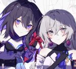  2girls bare_shoulders black_gloves black_hair bronya_rand closed_mouth commentary_request earrings gloves grey_eyes grey_hair hand_on_own_chest highres honkai:_star_rail honkai_(series) jewelry karamaru626 long_hair looking_at_viewer multicolored_hair multiple_girls purple_hair seele_(honkai:_star_rail) two-tone_hair upper_body violet_eyes 