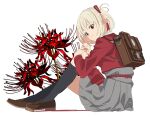  1girl absurdres backpack bag black_socks blonde_hair bob_cut brown_footwear closed_mouth commentary_request dress edoya_inuhachi flower grey_dress hair_ribbon highres kneehighs lycoris_recoil lycoris_uniform multicolored_hair nishikigi_chisato pleated_dress red_dress red_eyes red_ribbon ribbon short_hair simple_background socks solo spider_lily two-tone_hair v white_background 