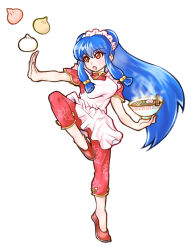  1girl apron bowl chinese_clothes commentary_request dumpling floral_print food holding holding_bowl long_hair maid_apron maid_headdress open_mouth pants purple_hair ranma_1/2 red_eyes red_pants red_shirt shampoo_(ranma_1/2) shirt sidelocks simple_background standing standing_on_one_leg tsumori white_apron white_background 