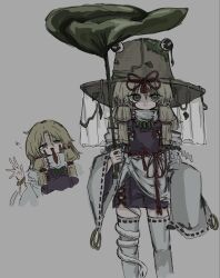  1girl adapted_costume alternate_hair_length_(longer) commentary_request grey_background highres long_sleeves looking_at_viewer moriya_suwako narurichan slit_pupils snake solo thigh-highs tongue tongue_out touhou veil waving_hands white_thighhighs wide_sleeves 