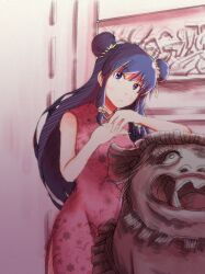  1girl bell bellvv blush chinese_clothes commentary_request dress floral_print hair_bell hair_ornament highres long_hair looking_at_viewer purple_hair ranma_1/2 red_dress shampoo_(ranma_1/2) sidelocks violet_eyes 