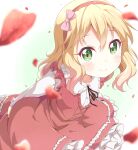  1girl blonde_hair blurry blurry_foreground commentary_request dress frilled_dress frills gradient_background green_background green_eyes hairband idolmaster idolmaster_cinderella_girls looking_at_viewer medium_hair neck_ribbon petals red_dress ribbon sakurai_momoka solo toma_(shinozaki) two-tone_background white_background 