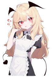  1girl :p absurdres ahoge apron arm_behind_back beudelb black_dress blonde_hair blush bright_pupils collared_dress commentary commission contrast_collar cowboy_shot cropped_legs demon_girl demon_tail double-parted_bangs dress frilled_apron frills hair_between_eyes hand_in_own_hair hand_up head_tilt head_wings highres long_hair looking_at_viewer maid maid_apron neck_ribbon original pixiv_commission puffy_short_sleeves puffy_sleeves red_eyes ribbon short_sleeves simple_background solo standing tail tongue tongue_out white_apron white_background white_pupils white_ribbon wings 