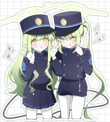  2girls absurdres black_tail blue_archive blush commentary_request demon_tail gloves green_hair green_halo halo hat highres hikari_(blue_archive) long_hair long_sleeves looking_at_viewer multiple_girls nozomi_(blue_archive) open_mouth outline pantyhose paper_background pointy_ears shorts siblings simple_background sisters skirt smile tail teasing twins twintails user_fcxe8438 white_gloves white_outline white_pantyhose yellow_eyes 