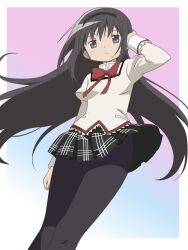  1girl 6kan akemi_homura black_hair black_headband black_pantyhose black_skirt border bow breasts commentary cowboy_shot gradient_background hand_on_own_head hand_up headband highres juliet_sleeves light_blush long_hair long_sleeves looking_at_viewer mahou_shoujo_madoka_magica mahou_shoujo_madoka_magica_(anime) mitakihara_school_uniform outside_border pantyhose plaid_clothes plaid_skirt pleated_skirt puffy_sleeves red_bow school_uniform skirt small_breasts solo violet_eyes white_border 