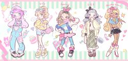 5girls :d ;d absurdres adjusting_eyewear amekaji_gyaru american_flag american_flag_print backwards_hat badge bag balloon belt belt_charm big_hair black_hairband black_shoes black_skirt blonde_hair blue_bow blue_eyes blue_hair blue_jacket blue_overalls blue_pants blue_shirt blue_skirt blush boots bow bow_hairband brown_hair brown_shoes button_badge cardigan cellphone charm_(object) chinese_commentary chinese_text commentary_request covering_own_mouth crop_top denim earrings eyewear_on_head fairy_kei fashion flag_print flip_phone flower full_body glasses green_bow green_skirt gyaru gyaru_makeup gyaru_v hair_bow hair_bun hair_flower hair_ornament hairband handbag hat headphones headphones_around_neck heart heart-shaped_eyewear hibiscus highres holding holding_wand hood hoodie hoop_earrings jacket jeans jewelry letterman_jacket long_hair long_skirt long_sleeves looking_at_viewer low_twintails makeup manba_gyaru medium_hair migulu multiple_girls one_eye_closed open_cardigan open_clothes open_jacket original overalls pants phone pink-framed_eyewear pink_bag pink_bow pink_flower pink_hair pink_hat pink_hoodie pink_shoes pink_skirt pink_socks plaid_clothes plaid_skirt polka_dot polka_dot_hoodie ponytail print_shirt quilted_bag shirt shoes short_hair single_hair_bun skirt smile sneakers socks standing star_(symbol) star_print striped_clothes striped_skirt stuffed_animal stuffed_toy sunglasses swept_bangs tan teddy_bear tied_shirt topknot tote_bag translation_request twintails v variant_set vertical-striped_clothes vertical-striped_skirt wand wavy_hair white_belt white_boots white_eyeshadow white_shirt white_shoes white_socks yellow_cardigan yellow_shoes yume_kawaii 