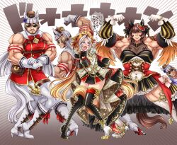  1girl 4boys ahoge animal_ears beard biceps boots brown_hair commentary_request connected_beard cosplay ear_covers facial_hair gentildonna_(umamusume) gentildonna_(umamusume)_(cosplay) gloves gold_ship_(umamusume) gold_ship_(umamusume)_(cosplay) grey_hair high_heel_boots high_heels highres horse_ears horse_girl knee_boots large_pectorals long_hair miru_(mill_36) multicolored_hair multiple_boys multiple_girls muscular muscular_male orange_hair orfevre_(control)_(umamusume) orfevre_(umamusume) pectorals posing scared sleeveless sunglasses tears thigh_boots translation_request umamusume white_gloves white_hair 