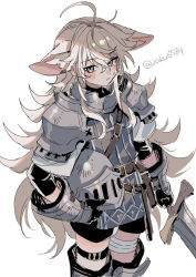  1boy ahoge androgynous animal_ears armor bandaged_leg bandages belt blush carrying carrying_under_arm expressionless extra_ears feet_out_of_frame from_side gauntlets greatsword grey_eyes grey_hair helmet highres holding holding_sword holding_weapon knight leather_strap leg_armor long_hair looking_at_viewer messy_hair original pauldrons shoulder_armor solo suzaku_(zaku6584) sword thigh_strap twitter_username unworn_headwear unworn_helmet weapon white_background 