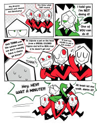  1boy 3others :d ;d absurdres alt_text annoyed arm_behind_back arms_behind_back arms_up behind_another big_head black_background black_poncho carrying carrying_overhead carrying_person character_name closed_eyes closed_mouth collared_shirt colored_speech_bubble commentary constricted_pupils deltarune english_commentary english_text eye_twitch flat_color gradient_background green_necktie green_pippins green_poncho grey_background hand_up hands_up highres jaw_drop jitome leaning_to_the_side looking_at_another meorpin motion_lines multiple_others necktie no_pupils nodding one_eye_closed open_mouth pippins_(deltarune) polka_dot polka_dot_background red_eyes red_necktie red_poncho shirt sideways_glance smile smug speech_bubble standing sweat talking toon_(style) u_u unibrow utdr_(toby_fox) v-shaped_eyebrows very_big_eyes white_background white_mouth 