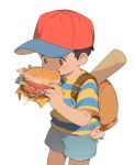  1boy acnhiti bag baseball_bat black_hair brown_eyes burger character_request cowboy_shot eating food highres male_child male_focus mother_(game) ness_(mother_2) red_headwear school_bag shirt shorts simple_background solo striped striped_shirt teeth upper_teeth_only white_background 