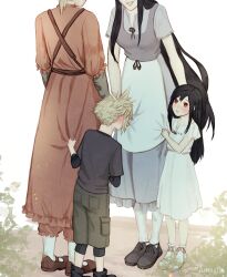  2boys 2girls absurdres aged_down amaati apron artist_name black_hair black_shirt blonde_hair blush brown_dress claudia_strife closed_mouth cloud_strife commentary dress english_commentary final_fantasy final_fantasy_vii final_fantasy_vii_remake flower grey_dress hiding hiding_behind_another highres long_hair looking_at_another mother_and_child mother_and_daughter mother_and_son multiple_boys multiple_girls parent_and_child parted_lips plant red_eyes sandals shirt short_hair short_sleeves socks spiky_hair standing thea_lockhart tifa_lockhart white_apron white_background white_dress white_flower white_socks 