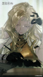  1girl absurdres ariadne_(black_beacon) bare_shoulders black_beacon black_gloves blonde_hair blurry blurry_background copyright_name copyright_notice gloves hand_on_own_head highres holding holding_pen logo long_hair looking_down official_art official_wallpaper pen shirt solo upper_body yellow_eyes yellow_shirt 