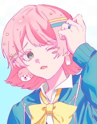  1girl absurdres alternate_hair_length_(shorter) bang_dream! bang_dream!_it's_mygo!!!!! blue_eyes blue_jacket bow bowtie chihaya_anon earrings fang geosmichi77 gradient_background hair_ornament highres jacket jewelry one_eye_closed pink_hair ring skin_fang solo star_(symbol) star_hair_ornament yellow_bow yellow_bowtie 