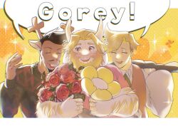  3boys aaaakawaiiut antlers asgore_dreemurr beard black_hair blonde_hair blush bouquet brown_fur closed_eyes colored_skin commentary deltarune english_commentary english_text facial_hair flower flowery_(deltarune) flying_sweatdrops furry furry_male goatee highres holding holding_bouquet horns looking_at_another male_focus multiple_boys mustache open_mouth red_flower red_rose reindeer_antlers rose rudolph_holiday smile speech_bubble utdr_(toby_fox) white_fur yellow_flower yellow_skin 