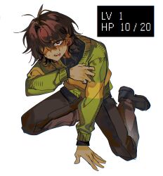  0916psy 1other absurdres androgynous black_shoes brown_hair brown_pants deltarune hair_between_eyes hair_over_one_eye hand_on_ground health_bar highres kris_(deltarune) long_sleeves looking_at_viewer on_ground open_mouth other_focus pain pants red_eyes saliva shoes short_hair simple_background striped_clothes striped_sweater sweater sweater_vest two-tone_sweater utdr_(toby_fox) video_game_dialogue_box white_background 