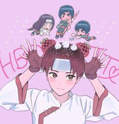  1girl 3boys black_hair black_headband bodysuit bowl_cut brown_eyes brown_gloves brown_hair chibi chinese_clothes closed_eyes double_bun fingerless_gloves flak_jacket gloves green_bodysuit green_vest grey_eyes grin hair_bun happy_birthday headband highres holding_pasteur_pipette hyuuga_neji intelli_intel jacket konohagakure_symbol leg_warmers light_blush light_smile long_hair low-tied_long_hair might_guy multiple_boys naruto_(series) naruto_shippuuden one_eye_closed open-toe_shoes open_mouth orange_leg_warmers parted_bangs pink_background rock_lee shirt short_hair smile teeth tenten_(naruto) thick_eyebrows vest white_shirt 