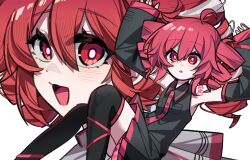  2girls :d :o ahoge arms_up bare_shoulders black_boots black_shirt black_skirt black_sleeves black_thighhighs blush boots bright_pupils commentary detached_sleeves drill_hair dual_persona highres kasane_teto kasane_teto_(sv) kasane_teto_(utau) long_sleeves looking_at_viewer lying maike_xin_maxin multiple_girls on_back red_eyes red_hair shirt short_hair shoulder_tattoo simple_background skirt sleeveless sleeveless_shirt smile synthesizer_v tattoo thigh-highs twin_drills untranslatable_commentary utau white_background white_pupils 