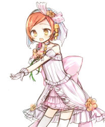  1girl :d amakaze_sora bare_shoulders blush brown_eyes collarbone dress gloves hoshizora_rin love_live! love_live!_school_idol_project orange_hair outstretched_arm short_hair simple_background smile solo swept_bangs thigh-highs white_background white_dress white_gloves white_thighhighs 