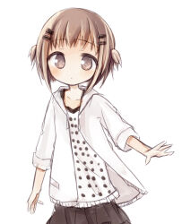  1girl amakaze_sora black_skirt blush brown_eyes brown_hair camisole closed_mouth hair_ornament hairclip hood hood_down hooded_jacket jacket long_sleeves looking_at_viewer open_clothes open_jacket original pleated_skirt polka_dot_camisole simple_background skirt solo two_side_up white_background white_camisole white_jacket 
