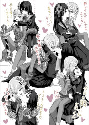  2girls armband belt coat collarbone commentary_request epaulettes flower greyscale hair_flower hair_ornament hasumi_leia heart highres holding holding_sword holding_weapon layered_skirt long_hair long_sleeves mahou_shoujo_no_majo_saiban monochrome multiple_girls multiple_views necktie nikaido_hiro overskirt plaid_clothes plaid_skirt sash shiiki_(icesiiki) short_hair shoulder_sash side_capelet simple_background skirt sword translation_request weapon yuri 
