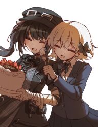  2girls ammunition_pouch arm_belt bandaged_arm bandaged_hand bandages black_bow black_choker black_coat black_dress black_hair black_hat black_ribbon black_skirt black_suit blue_ribbon bow cake choker closed_eyes coat collared_dress collared_shirt commentary dress food goggles goggles_on_headwear hair_bow hair_ornament hat highres holding holding_plate holding_utensil kurobe_honoka kurobe_nanoka long_hair long_sleeves mahou_shoujo_no_majo_saiban multiple_girls neck_ribbon open_mouth plaid_clothes plaid_dress plate pleated_skirt pouch ribbon shirt short_hair siblings simple_background sisters skirt smile sol_phi_0721 spoilers suit twintails untranslatable_commentary upper_body watch white_background white_hair white_shirt 