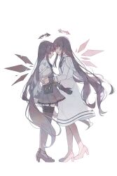  2girls arknights black_gloves black_hair black_necktie black_skirt black_thighhighs black_wings detached_wings english_commentary forehead-to-forehead from_side full_body gloves halo heads_together high_heels highres hug jacket leg_up long_hair long_sleeves looking_at_another luciana_giallo_(arknights) mole mole_under_eye mother_and_child mother_and_daughter multiple_girls necktie no_eyes pantyhose parent_and_child robe sae1293 skirt standing thigh-highs very_long_hair virtuosa_(arknights) virtuosa_(young)_(arknights) white_jacket white_robe wings 