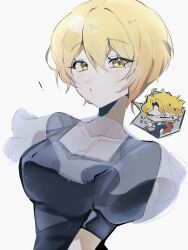  ! 1girl blonde_hair breasts closed_mouth commentary_request don_quixote_(project_moon) dress ggribi33 highres korean_commentary large_breasts limbus_company looking_at_viewer project_moon sancho_(project_moon) shirt short_hair simple_background solo square_neckline upper_body yellow_eyes 