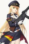  1girl absurdres assault_rifle black_headwear black_skirt blonde_hair collared_shirt commission cowboy_shot dirty dirty_face girls_frontline gloves green_eyes gun hat highres holding holding_gun holding_weapon kir_(khw66136132) long_hair long_sleeves looking_at_viewer military military_hat military_uniform necktie open_mouth peaked_cap pixiv_commission rifle shirt simple_background skirt solo standing stg44 stg44_(girls&#039;_frontline) sweat torn_clothes trigger_discipline uniform very_long_hair weapon white_gloves 