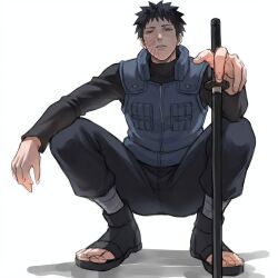  1boy black_hair highres konohagakure_shinobi_uniform konohagakure_symbol male_focus naruto_(series) non-web_source solo solo_focus uchiha_obito 