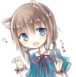  1girl :d amakaze_sora animal_ear_fluff animal_ears blue_capelet blue_eyes brown_hair capelet claw_pose collared_shirt fang hair_between_eyes hands_up long_hair long_sleeves looking_at_viewer low_twintails neck_ribbon original puffy_long_sleeves puffy_sleeves red_ribbon ribbon shirt short_twintails simple_background sleeves_past_wrists smile solo translation_request twintails white_background white_shirt 
