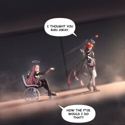  2girls anger_vein apple arknights black_jacket commentary derivative_work detached_wings energy_wings english_commentary english_text exusiai_(arknights) exusiai_the_new_covenant_(arknights) food from_side fruit full_moon halo highres i_thought_you_ran_away._(meme) indoors jacket lemuen_(arknights) long_hair looking_at_another meme moon multiple_girls okukin_07 one_side_up parody pink_hair red_hair sidelighting sitting speech_bubble standing throwing traditional_halo wheelchair white_halo wings 