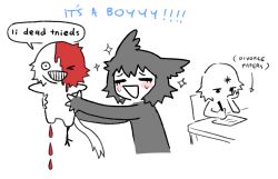  >_o 1boy 1girl 1other :d amputee animal_ears bird_legs bleeding blood blood_on_face blush chair closed_eyes commentary creature crying ember_(jejejunum) english_commentary english_text engrish_text fraid grey_ears grey_hair grey_shirt grin holding holding_creature holding_pen jejejunum monster_boy on_chair one_eye_closed original paper pen pest_(jejejunum) ranguage secret_(jejejunum) shirt simple_background sitting sketch smile sparkle table teeth white_background writing 