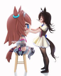  1girl ^_^ animal_ears beleven black_bodice black_pantyhose blue_bow bow brown_hair character_doll closed_eyes closed_mouth commentary doll doqute_stuffed_doll dress from_side full_body hairband highres horse_ears horse_girl horse_tail long_hair mihono_bourbon_(mb-19890425)_(umamusume) mihono_bourbon_(umamusume) mixed-language_commentary no_shoes pantyhose puffy_short_sleeves puffy_sleeves reflective_floor rice_shower_(umamusume) short_sleeves simple_background solo stool tail twitter_username umamusume white_background white_hairband yellow_dress 