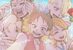  1girl 4boys absurdres anger_vein bare_shoulders black_hair blonde_hair commentary flower green_hair grin hand_on_another's_cheek hand_on_another's_face hat hat_on_back heart heart-shaped_eyes highres holding holding_flower long_nose looking_at_viewer mmyy_mu monkey_d._luffy multiple_boys nami_(one_piece) notice_lines one_piece open_mouth orange_hair red_flower red_rose roronoa_zoro rose sanji_(one_piece) scar scar_on_cheek scar_on_face short_hair smile star_(symbol) straw_hat straw_hat_pirates untranslatable_commentary upper_body usopp v v-neck w 