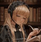  1girl blonde_hair bonnet book bookshelf chin_strap commentary_request commission english_text gosick gothic_lolita green_eyes hairband half-closed_eyes hime_cut holding holding_book holding_smoking_pipe indoors library lolita_fashion lolita_hairband long_hair painterly pop-up_book reading smoking_pipe solipsist solo upper_body victorica_de_blois 