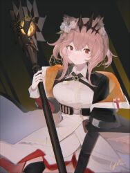  1girl animal_ear_fluff animal_ears arknights black_background black_jacket black_tiara blush breasts brown_eyes brown_hair cat_ears cat_girl chest_belt commentary_request cross cross_necklace cross_tie crossed_bangs diamond-shaped_pupils diamond_(shape) dress flower hair_vines highres holding holding_staff id_card jacket jewelry large_breasts light_frown light_rays medium_hair necklace orange_jacket red_pupils rose signature solo staff symbol-shaped_pupils tiara two-sided_fabric two-sided_jacket underbust vendela_(arknights) white_dress white_flower white_rose yunnasu 