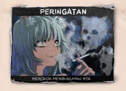  1girl :3 animal_ear_fluff animal_ears black_border border cat_ears cat_girl cigarette commentary_request constricted_pupils exhaling_smoke grey_eyes grey_hair hair_between_eyes holding holding_cigarette indonesian_text long_hair looking_ahead messy_hair parody ryo_baskoro smoke smoke_trail smoking solo upper_body yani_neko yani_neko_(yani_neko) 